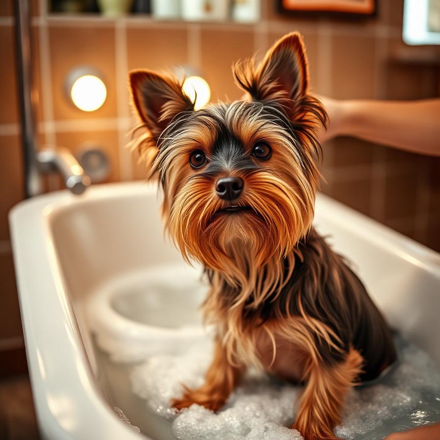 Yorkshire terrier podczas kąpieli pielęgnacyjnej
